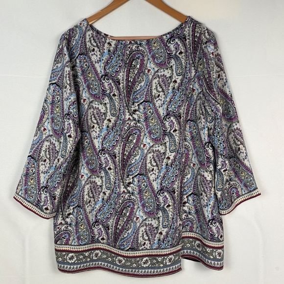 J. Jill Women 3/4 Sleeve Tunic Blouse Sz L Paisley Purple Office Mature Business - Picture 5 of 12